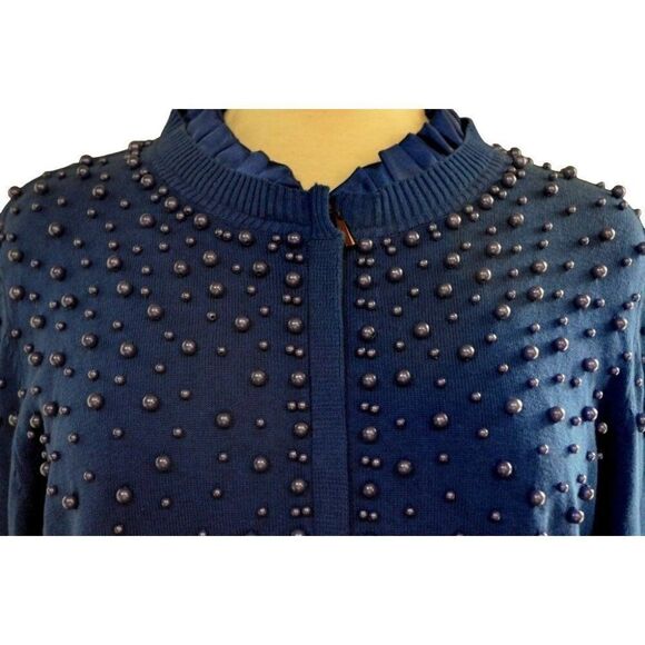 Quacker Factory Zip Front Beaded Cardigan Sweater Top Satin Trim Royal Blue M - Picture 2 of 4